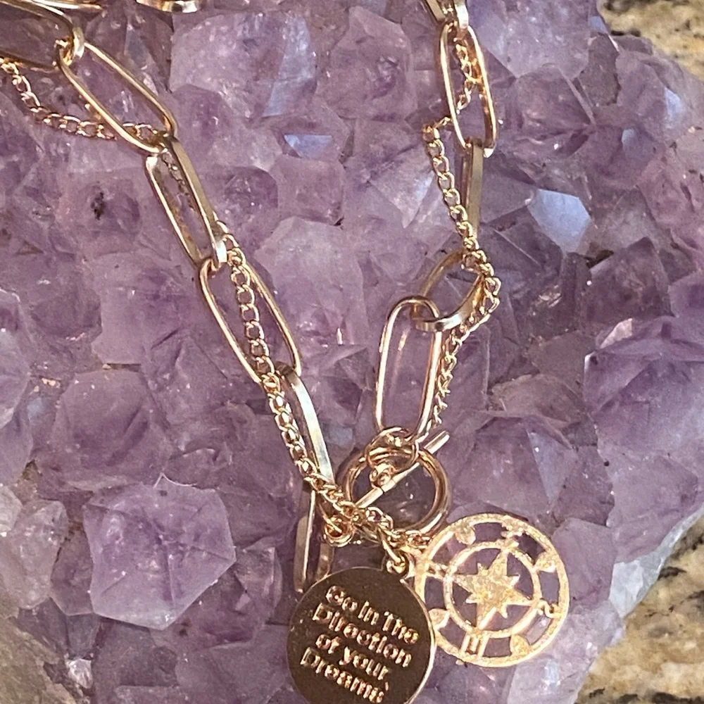 Golden Layered Paperclip Chain, Toggle Clasp, Compass Pendant, Engraved Quote!